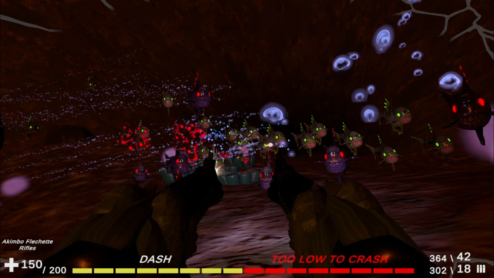 A screenshot from the game, AQUAKILL, depicting many enemy fishes, some with green eyes and some with red eyes. There are cracks forming in the edges of the image and bubbles visible floating to the right. The player is holding dual rifles.