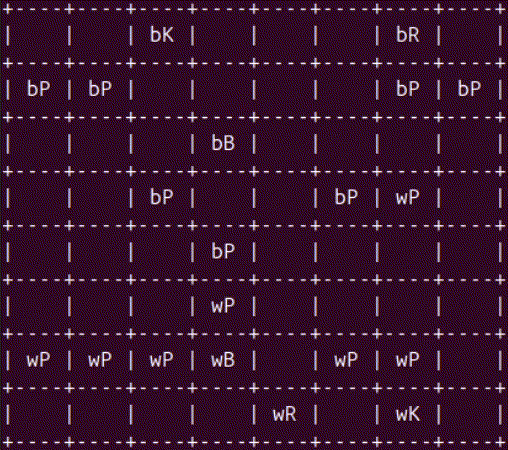A looping gif showcasing a console visualization of a chess board, with the Black King moving back and forth between c8 and d7, and the White Rook moving back and forth between e1 and e6.