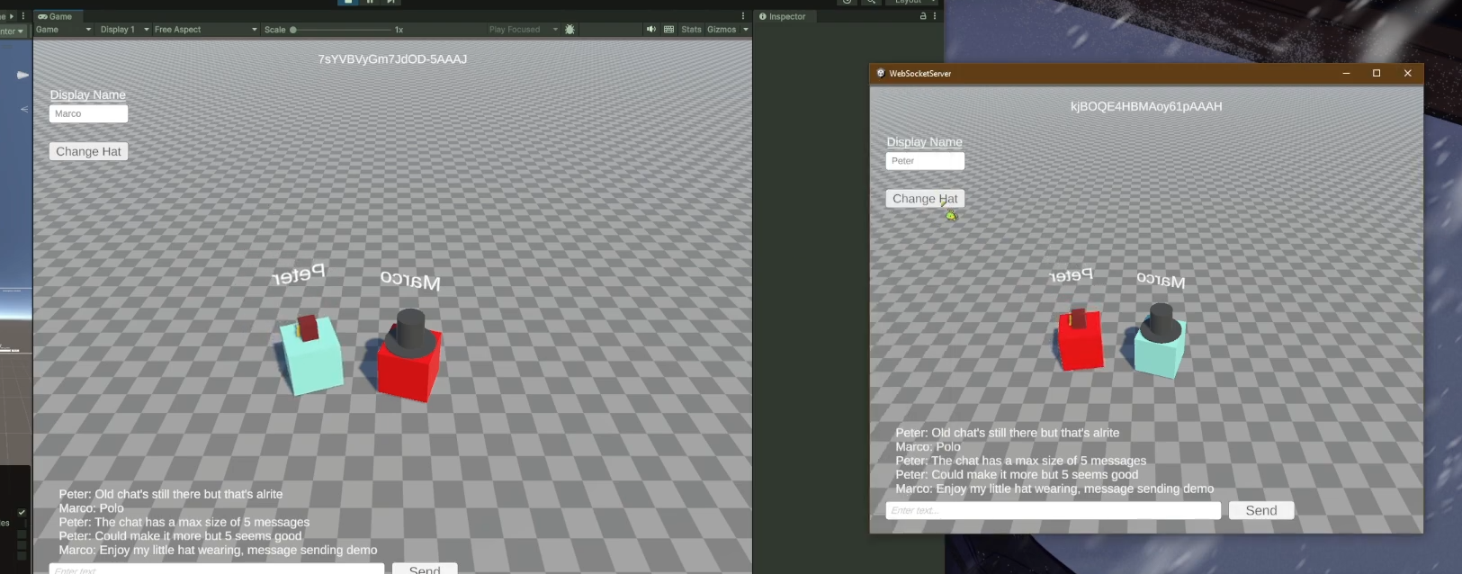 An image containing two open windows, both depicting two boxes side by side. The left box is wearing a fez hat and the box on the right is wearing a tophat. In the left window, the box on the right is red, while in the right window, the box on the left is red